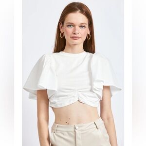 Anthropologie En Saison Nora Crop Top Flutter Sleeves Size S White Ruffle